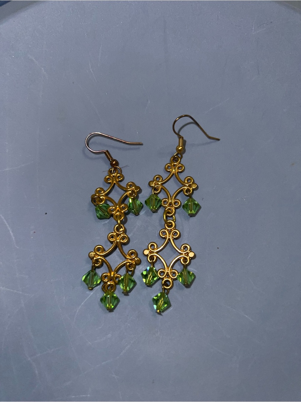 Gold Filigree Chandelier Earrings with Green Crystal Beads